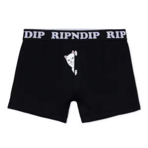The Peek A Nermal Boxers - Black feature a branded waistband and a playful white cat graphic peeking from a vertical slit on the front. Gate21.ee