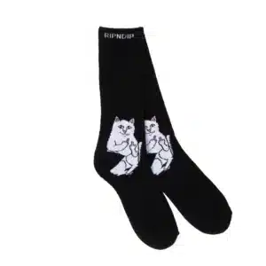 The Lord Normal Socks - Black feature a white cartoon cat with pink ears and nose flipping both middle fingers, plus "RIPNDIP" in white at the top—perfect for fans of unique designs. Gate21.ee