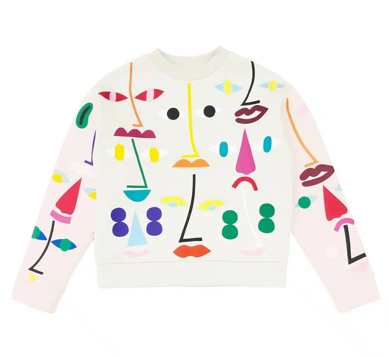 The White - Pusa sweatshirt showcases colourful abstract shapes resembling facial features, making it an ideal curated find for gift shops or shoppers exploring Tallinn. Gate21.ee