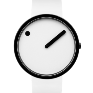 The White / White / 40mm is a minimalist wristwatch with a white strap and face, featuring a single black dot at 10 o’clock and one black hand at 2 o’clock—pure design with no numbers, curated for the concept shop. Gate21.ee