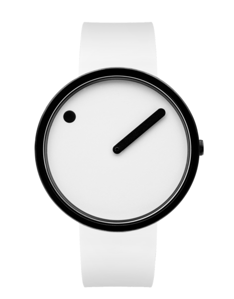 The White / White / 40mm is a minimalist wristwatch with a white strap and face, featuring a single black dot at 10 o’clock and one black hand at 2 o’clock—pure design with no numbers, curated for the concept shop. Gate21.ee