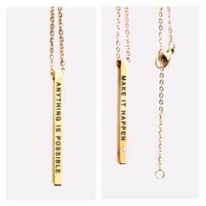 The "Anything is Possible / make it Happen" gold bar necklaces feature inspiring engravings, thin chains, and lobster clasps—ideal for gift shops or anyone looking for a unique present. Gate21.ee