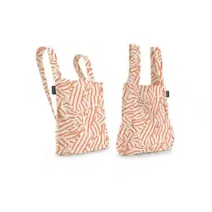 The Peach Twist reusable tote bags feature orange abstract stripes on white, double handles, and black logo tags—an ideal, eye-catching choice for concept shops seeking unique designs. Gate21.ee