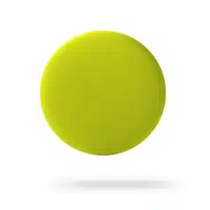 A round, bright yellow-green single - Yellow sponge or foam disc rests centred on a white background, casting a soft shadow—perfect for spotlighting unique ideas influenced by Estonian design. Gate21.ee
