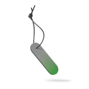 The Dangle - Long - Green Fade is a rectangular tag with rounded edges and a grey-to-green gradient, hanging from a black cord. It casts a soft shadow on its white background—ideal for adding style to any concept shop. Gate21.ee