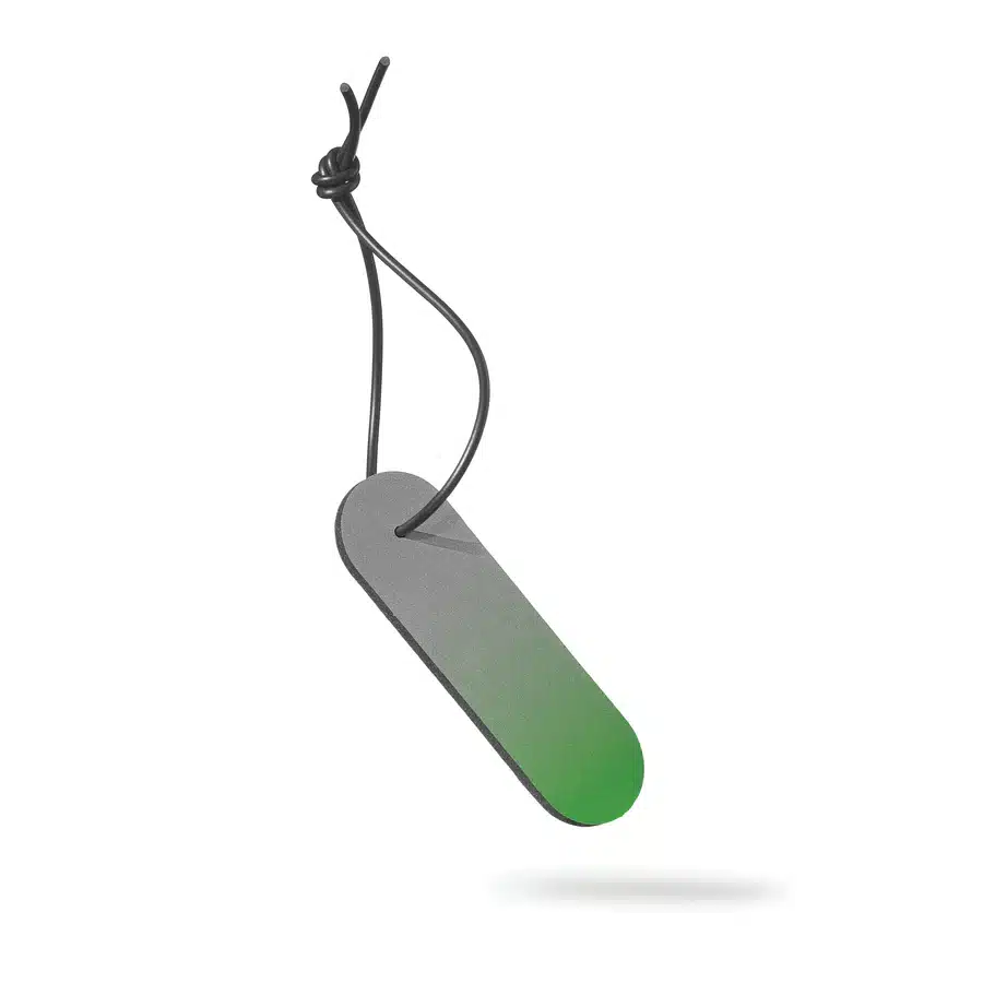 The Dangle - Long - Green Fade is a rectangular tag with rounded edges and a grey-to-green gradient, hanging from a black cord. It casts a soft shadow on its white background—ideal for adding style to any concept shop. Gate21.ee