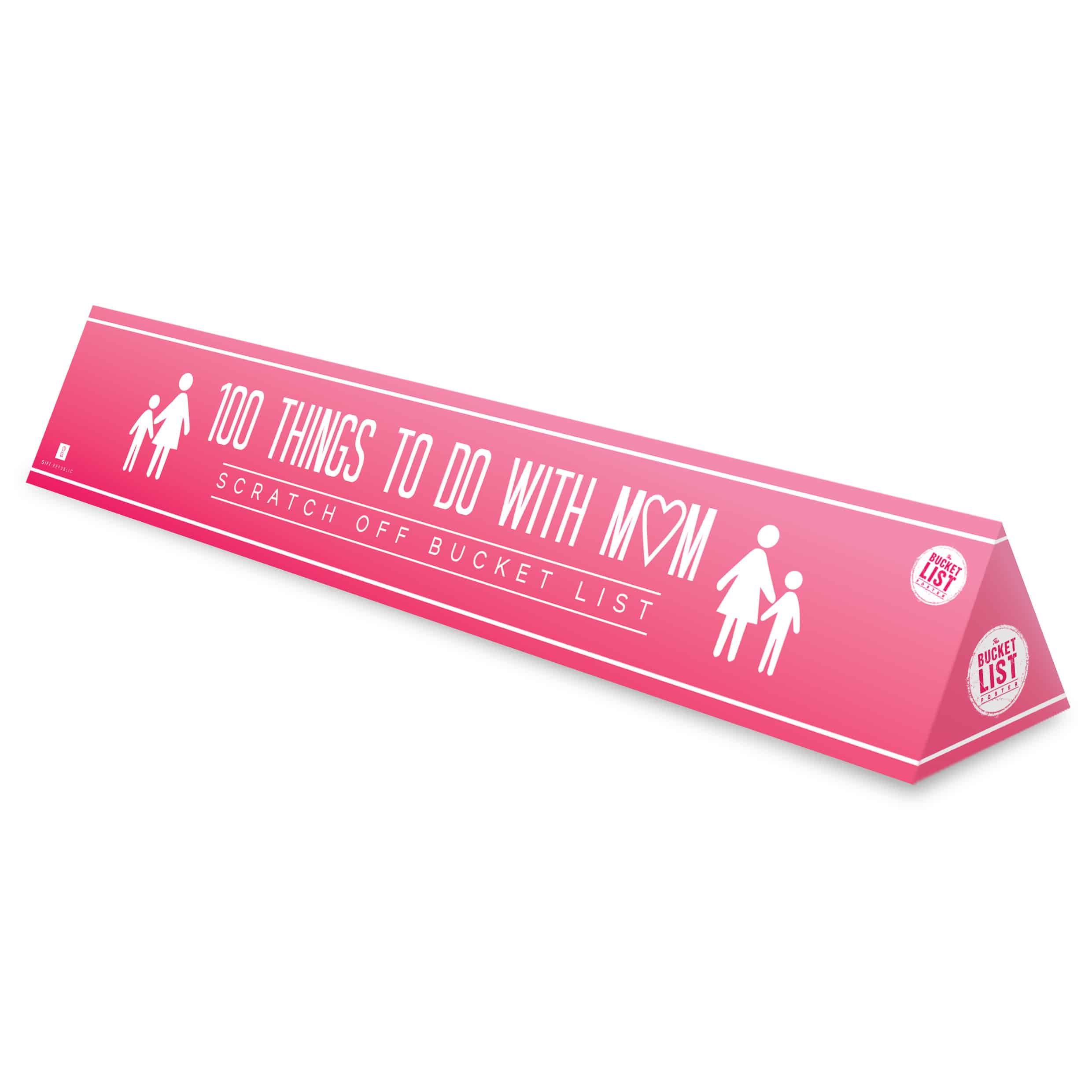 A pink triangular box labelled "100 Things to do with Mum - Bucket List," featuring woman and child icons, hearts, and scratch-off spots—an ideal Estonian design piece for concept stores or gift shops. Gate21.ee