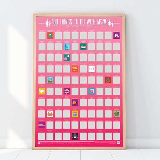 A curated blue poster titled 100 Things To Do With Dad - Bucket List displays a grid of 100 squares, some with colourful images revealed, set against a white wall and resting on a light floor. Gate21.ee