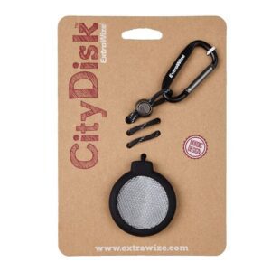 The Eztrawize CityDisk - K&Otilde;IK showcases Estonian design&mdash;a round, mesh-covered device with a black carabiner clip and bungee cord on brown cardboard backing marked &ldquo;CityDisk.&rdquo; Ideal for any gift shop. Gate21.ee