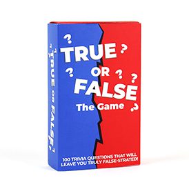Rectangular box with a blue and red split design labelled "True or False Trivia - Card Game." Ideal for concept stores or gift shops, it features 100 challenging trivia questions to stump your friends!. Gate21.ee