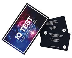 The IQ Test Trivia - Card Game features a vibrant rectangular card labelled “IQ TEST” alongside two black cards displaying multiple-choice questions and answers in white text. Gate21.ee
