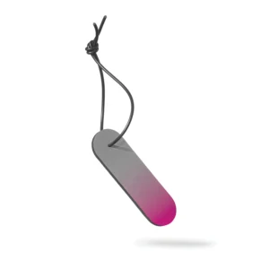 The Dangle - Long - Purple Fade features a rectangular tag with rounded edges, fading from grey to purple, hanging from a black knotted cord—a stylish accessory for Tallinn shopping or discovering unique finds in local gift shops. Gate21.ee