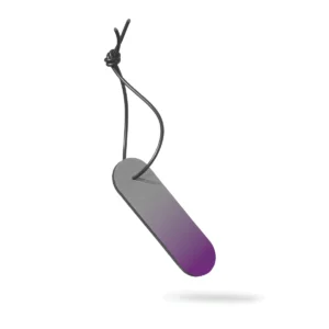 The Dangle - Long - Purple Fade features a rectangular grey tag with rounded edges and a gradient purple tip, attached by black string tied in a knot, suspended against a white background—perfect for curated Estonian design displays. Gate21.ee