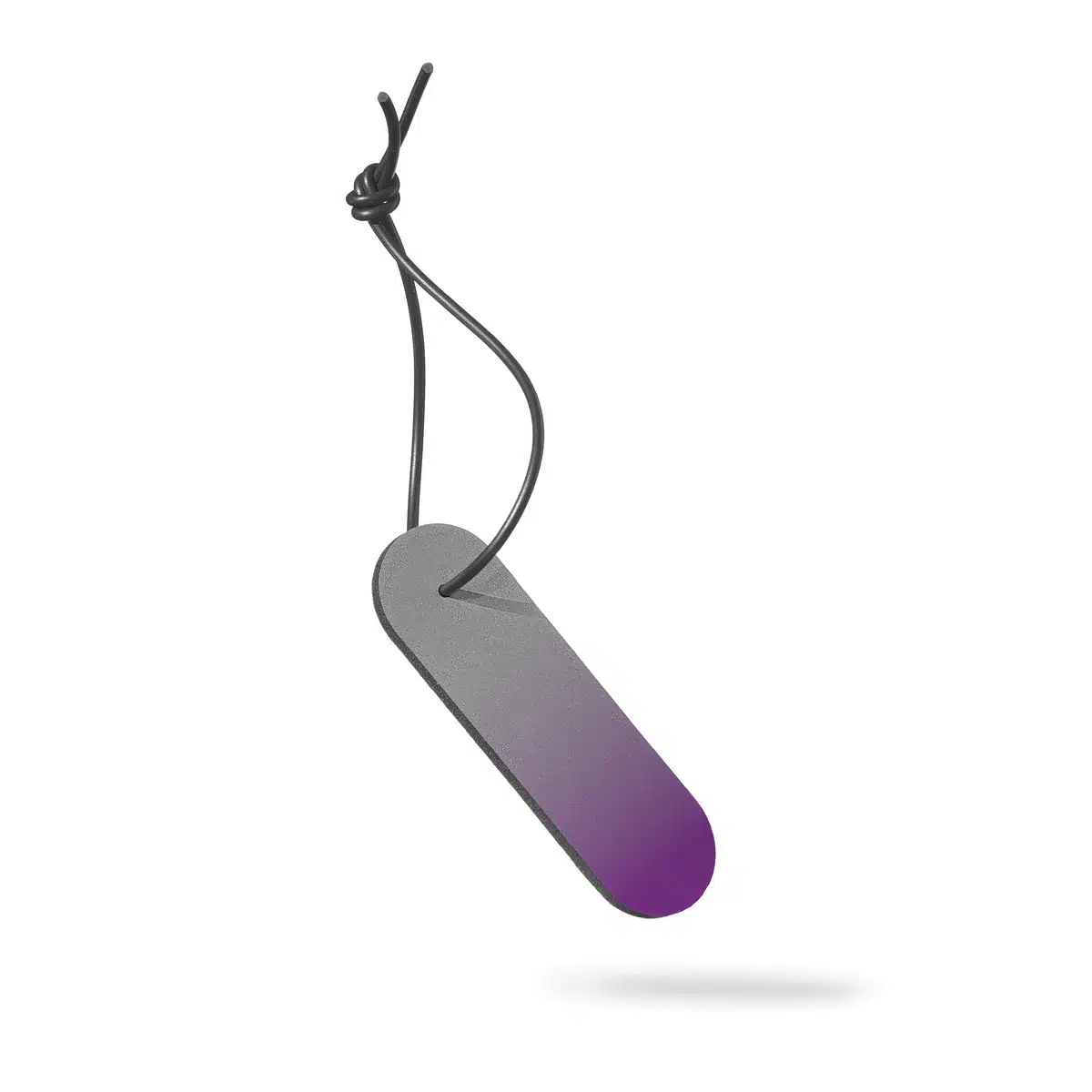 The Dangle - Long - Purple Fade features a rectangular grey tag with rounded edges and a gradient purple tip, attached by black string tied in a knot, suspended against a white background—perfect for curated Estonian design displays. Gate21.ee