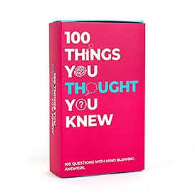 The 100 Things You Thought You Knew Trivia Card Game comes in a pink box with bold white and blue text, featuring 100 questions with surprising answers—ideal for concept shops or gift shops. Gate21.ee