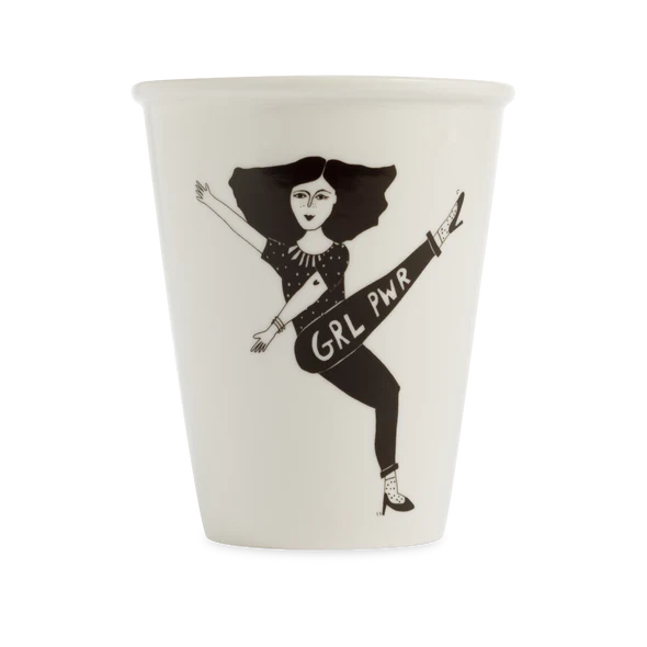 The Girl Power Cup is a white cup with a black and white illustration of a woman kicking and "GRL PWR" on her trousers. Designed in Estonia, it adds empowering style and uniqueness to any gift shop collection. Gate21.ee