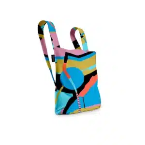 The Roads - Notabag is a fabric rucksack with a colourful abstract pattern in blue, pink, yellow, black, and orange. Featuring two shoulder straps and a rectangular shape, it highlights Estonian design—ideal for any concept store or gift shop. Gate21.ee