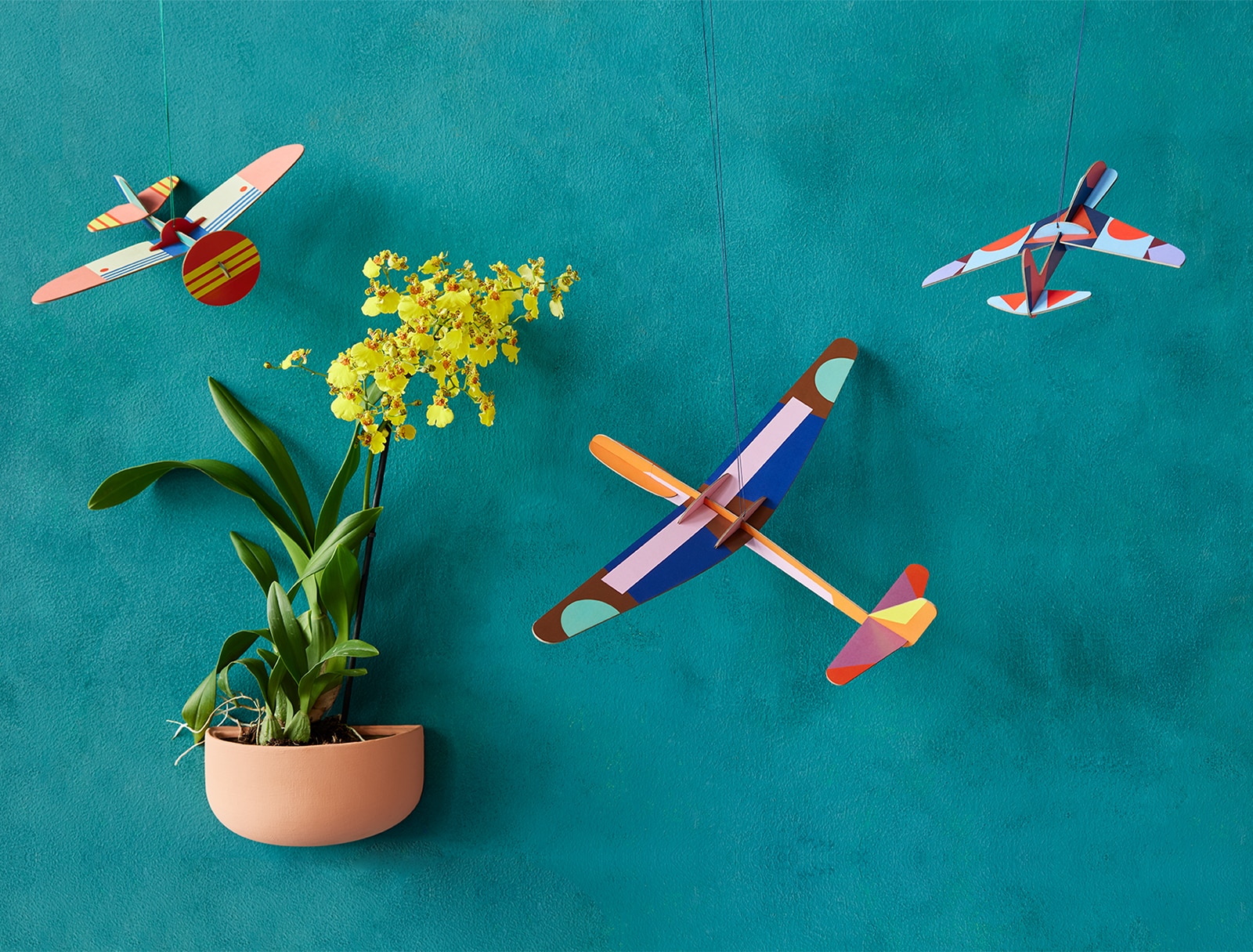 A yellow flowering plant in a wall-mounted pot stands out against a teal wall, complemented by three Giant Glider Plane models hanging nearby—an ideal way to showcase curated Estonian design with your Tallinn shopping finds. Gate21.ee