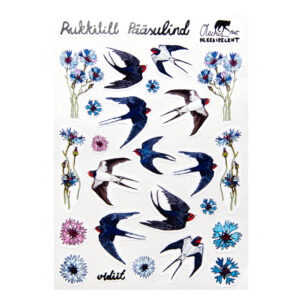 The OlevusArt Stickers - K&Otilde;IK sheet features illustrated blue and pink cornflowers, flying swallows, and handwritten-style Estonian text at the top on a white background. Gate21.ee