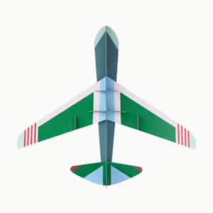 A top-down view of the Jet Plane model, showcasing green, white, blue, and red stripes on its wings with a simple geometric design inspired by curated Estonian aesthetics. Gate21.ee