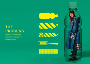 A woman in a blue raincoat stands inside the outline of a large plastic bottle on green, with text and yellow graphics on the left highlighting "Back to Black," curated Estonian design, and PET bottle-to-fabric recycling. Gate21.ee