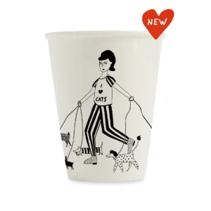 The I love Cats Cup features Estonian design with a person in striped trousers walking four cats on leads. The shirt says "I ♥ CATS." A red heart with "NEW" appears in the top right, perfect for cat lovers seeking something unique. Gate21.ee
