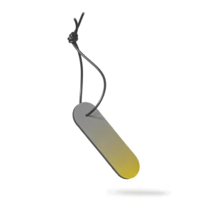 A rectangular, rounded-edge "Dangle - Long - Yellow Fade" tag with a grey-to-yellow gradient hangs from a knotted black cord on a white background—ideal for displaying Estonian design in your concept store. Gate21.ee