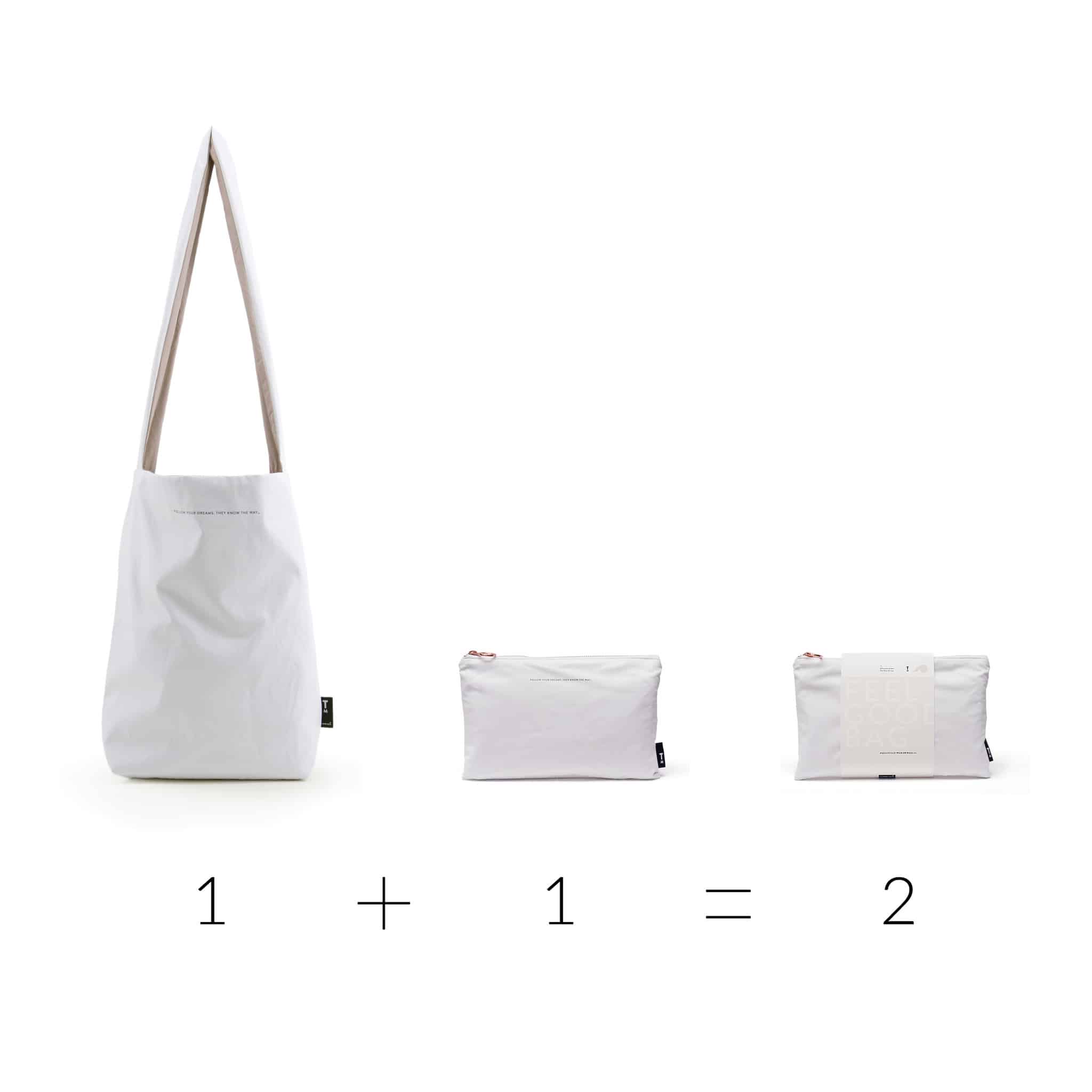 A black tote bag, "Feel Good Bag – Black," is displayed—curated with unique ideas from our gift shop. Mathematical symbols below it show 1 + 1 = 2. Gate21.ee