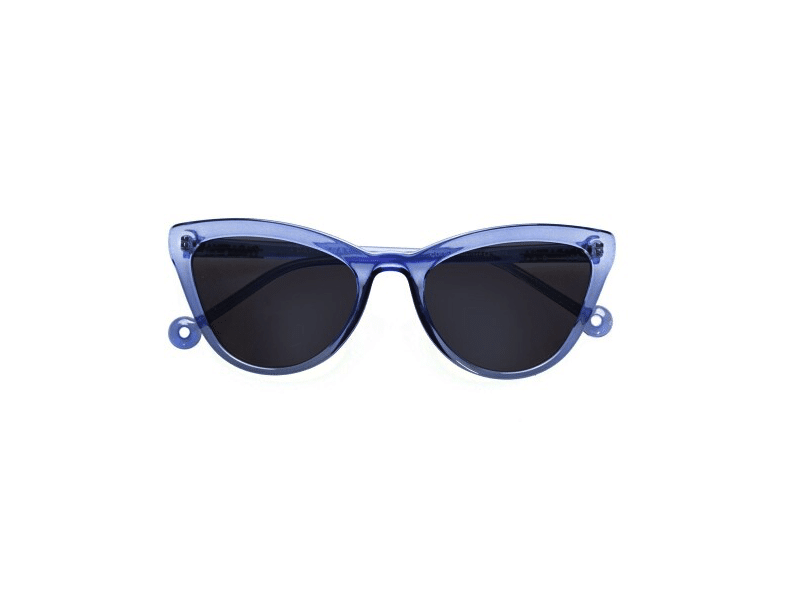 The "Colina" Blue Sunglasses, featuring cat-eye frames with dark lenses and Estonian design, are displayed against a white background. Gate21.ee