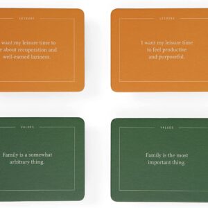 The Compatibility Game displays four curated cards: two orange Leisure cards with opposing takes on relaxation and productivity, and two green Values cards exploring diverse family beliefs—a unique concept shop gift for sparking thoughtful conversations. Gate21.ee
