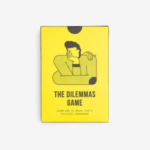 A yellow box featuring the Dilemmas Game, with an illustration of a thinking person and the subtitle "Learn how to solve life's trickiest conundrums"—an ideal choice for concept shops looking for unique gift ideas. Gate21.ee
