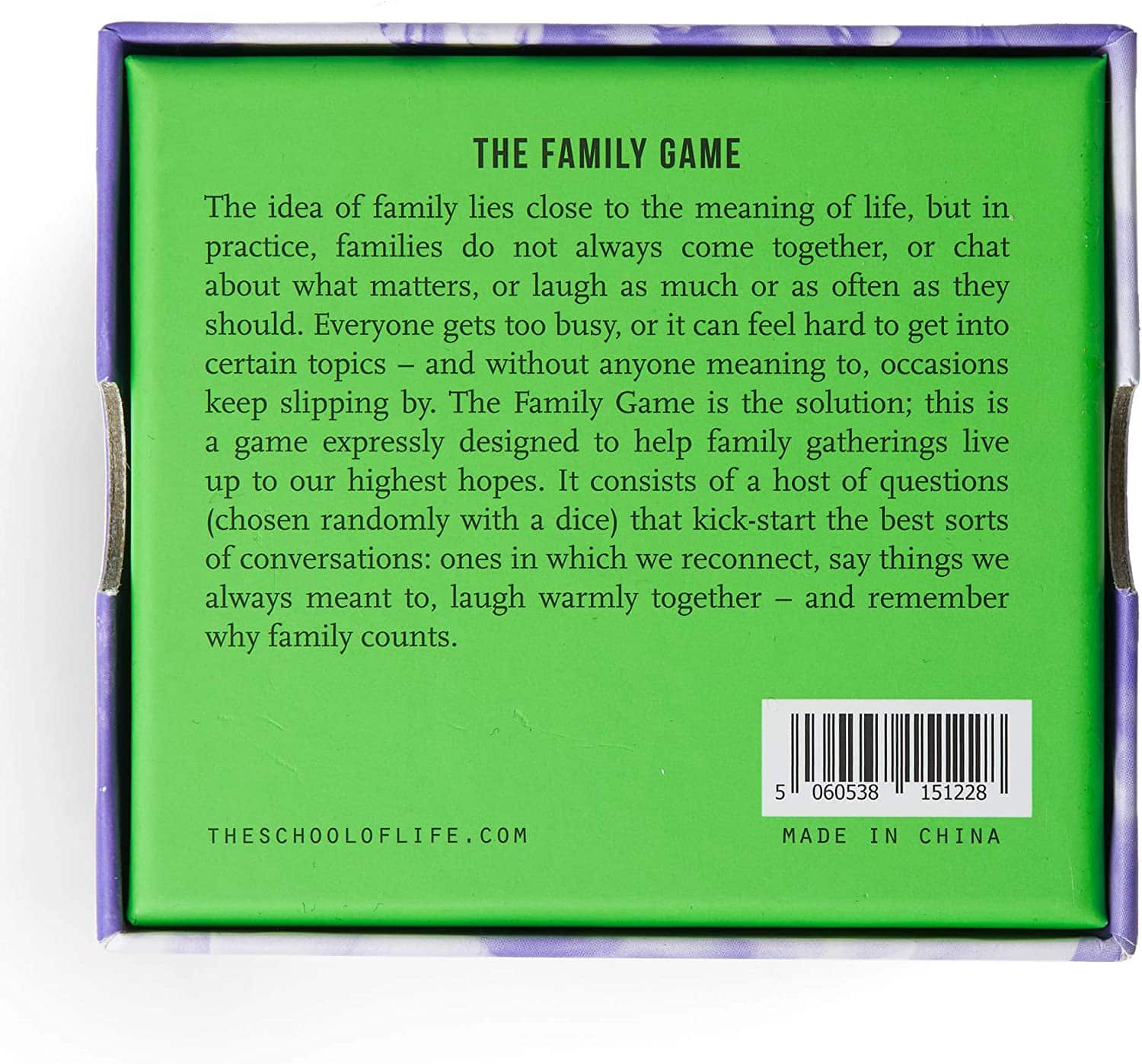 Back of a Family Game box featuring details about its purpose and contents, inspired by Estonian design, with a barcode and MADE IN CHINA in the lower right corner. Gate21.ee