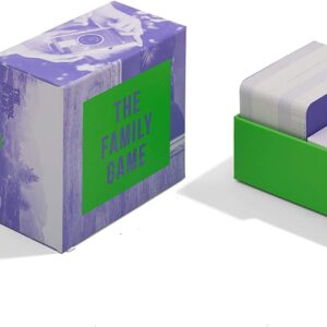 Family Game is a curated card game set in a purple and green box. The open box displays stacked cards and a small white piece with a pink heart, making it ideal for Tallinn shopping and lovers of Estonian design. Gate21.ee