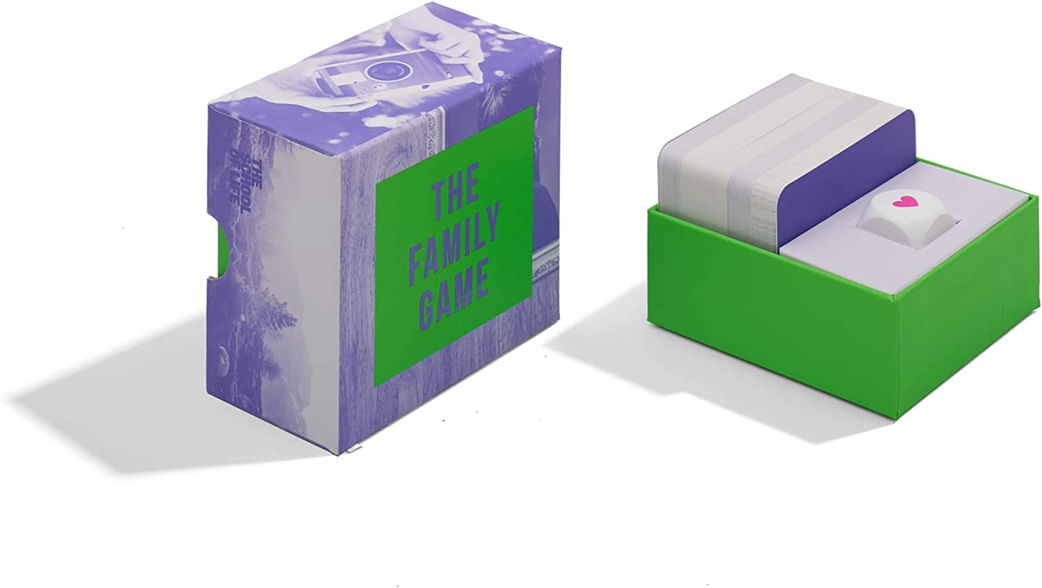 Family Game is a curated card game set in a purple and green box. The open box displays stacked cards and a small white piece with a pink heart, making it ideal for Tallinn shopping and lovers of Estonian design. Gate21.ee