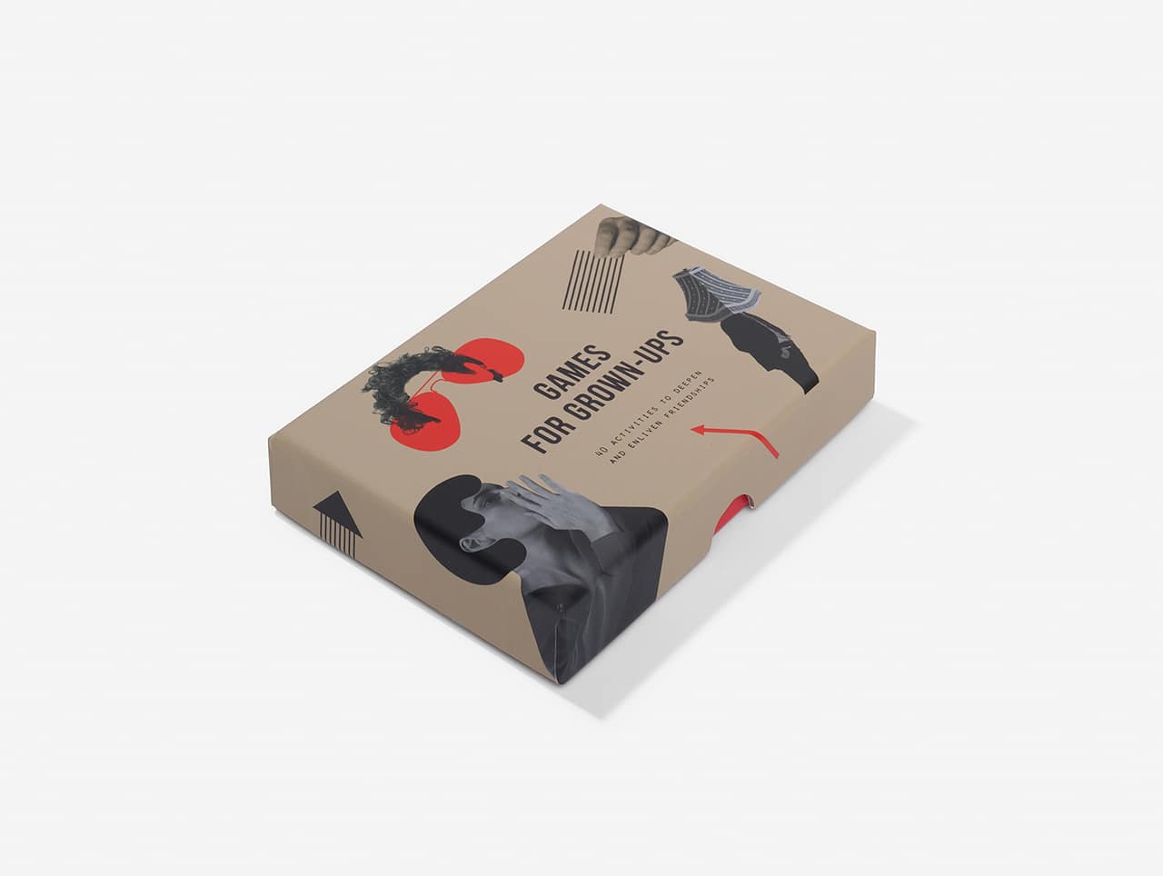 A rectangular beige box labelled Games for Grown-ups features abstract red and black graphics, curated black-and-white photos, and hints of Estonian design. The box is placed on a white surface and viewed at an angle. Gate21.ee