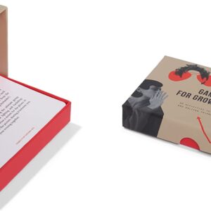 A closed and open box of Games for Grown-ups card game are shown side by side, revealing a stack of cards with text and stylish abstract packaging—an ideal unique find for anyone exploring gift or shopping spots in Tallinn. Gate21.ee