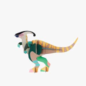 Parasaul is an assembled paper model of a Parasaurolophus dinosaur with green, yellow, orange, and pink parts—ideal for concept shops after unique finds—displayed upright against a white background. Gate21.ee