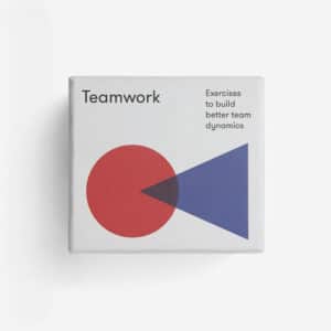 A box labelled Games for Grown-ups with the text Exercises to build better team dynamics. The design shows a large red circle and a blue triangle on white, creating a curated, concept store look. Gate21.ee
