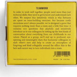 The back of the Teamwork Game's yellow box features a description about team-building and workplace conversations. At the bottom are a barcode, website URL, and Made in China text—ideal for discovering unique ideas in Tallinn shops. Gate21.ee
