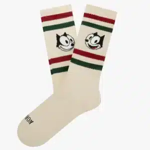 FELIX - Athletic: Cream-coloured socks with red and green stripes near the top, a cartoon cat face on each, and “GUCCI” in black near the toes—perfect for those seeking unique Tallinn shopping finds. Gate21.ee