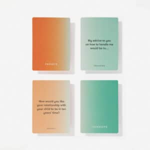 The Parents & Teenagers Game features orange "PARENTS" and green "TEENAGERS" cards, each with a curated prompt—reminiscent of finds from an Estonian design gift shop—arranged in a four-card grid. Gate21.ee