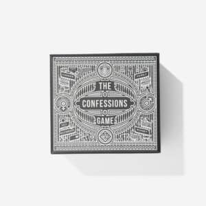A black and white box with ornate patterns and the text "Parents & Teenagers Game" on the lid, photographed from above on a white background with a shadow to the right—a striking example of unique ideas in Estonian design. Gate21.ee