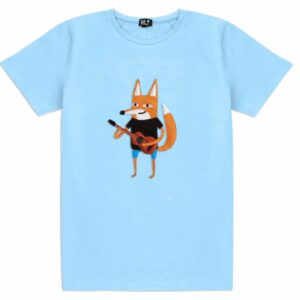 Fox playing Guitar - T-shirt Light Blue: This short-sleeve tee features an illustrated fox in a black shirt and blue shorts playing guitar—a playful design inspired by Estonian creativity. Gate21.ee