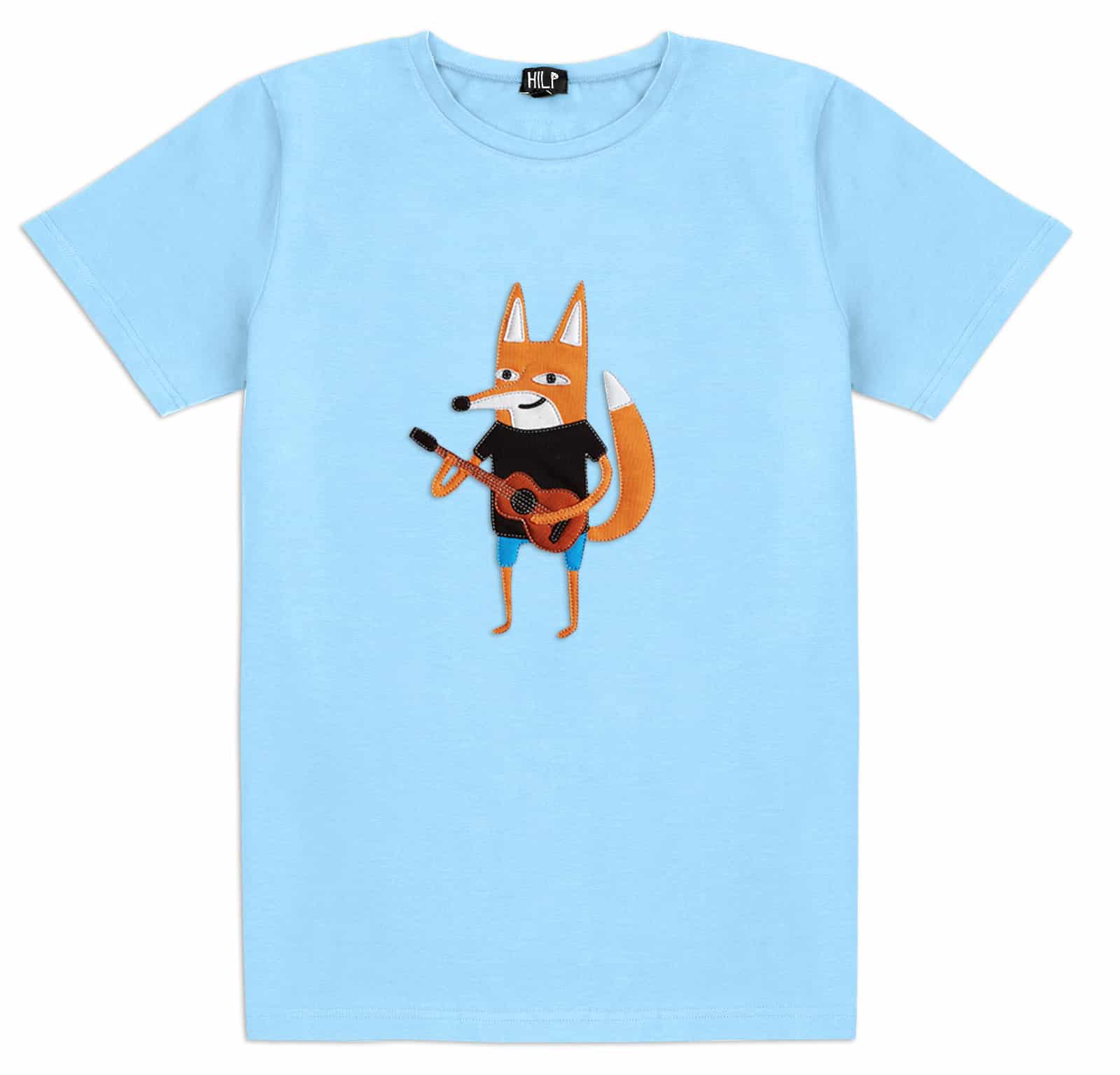Fox playing Guitar - T-shirt Light Blue: This short-sleeve tee features an illustrated fox in a black shirt and blue shorts playing guitar—a playful design inspired by Estonian creativity. Gate21.ee