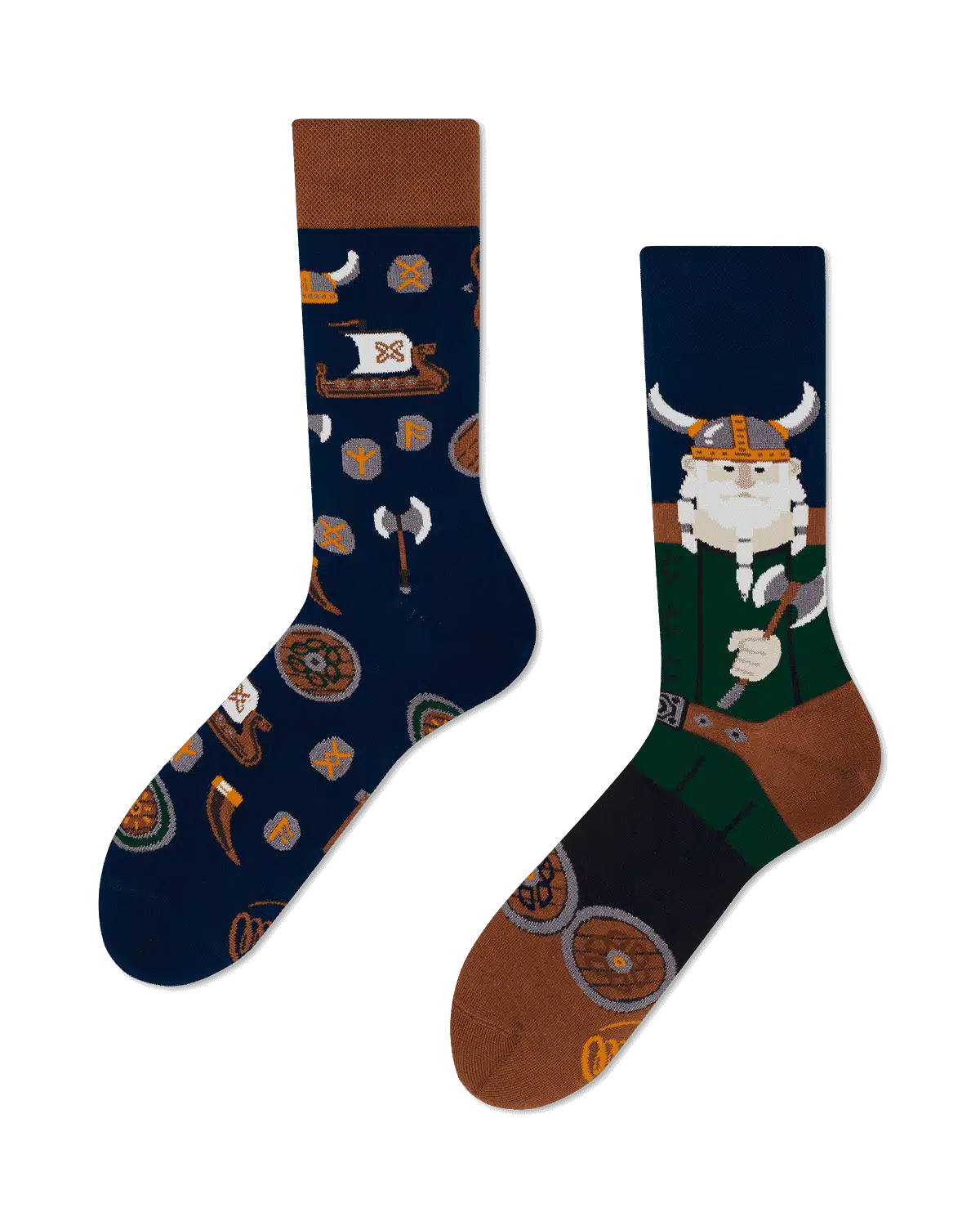 Fisher's Tale socks feature Estonian-inspired designs: one with Viking helmets, axes, and shields on navy, the other with a green and brown cartoon Viking—ideal Tallinn souvenirs from your favourite concept shop. Gate21.ee