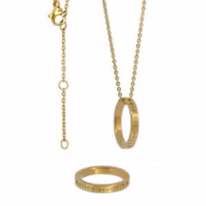 A gold necklace with an adjustable clasp and a circular pendant engraved with text, shown alongside a matching gold ring. Both curated pieces from our concept store feature a simple, polished design—perfect for the gift shop aficionado. Gate21.ee