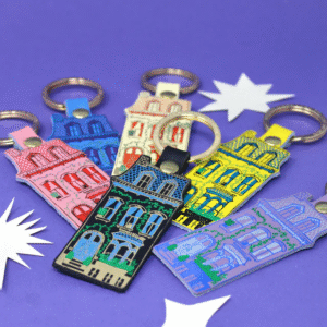 Six gold-plated Key Rings - Ark Design - K&Otilde;IK, inspired by Estonian architecture, are displayed on a purple background with white star shapes, each featuring detailed illustrations of colourful windows and doors. Gate21.ee
