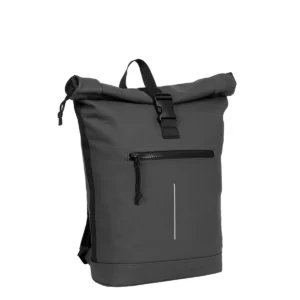 The New York Rolltop Rucksack - Black features a matte finish, front zip pocket, vertical reflective strip, top handle, and adjustable shoulder straps, displayed against a white background. Gate21.ee