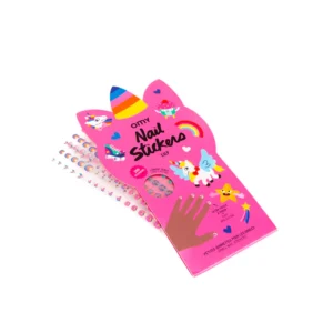 A pink package labelled "Unicorn - Nail Stickers" features unicorn and rainbow graphics. Several sheets with colourful designs like hearts, stars, and unicorns are partially visible—ideal for gift shop or concept store displays. Gate21.ee