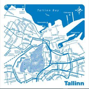 The REGIO Tallinn postcards - K&Otilde;IK feature a simplified blue and white map of Tallinn, Estonia, with districts, main streets, landmarks, Tallinn Bay, ports, public transport routes, and popular shopping spots. North is shown at the top. Gate21.ee